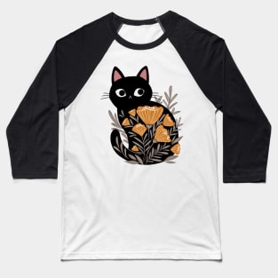 Black Cat in Golden Flowers Baseball T-Shirt